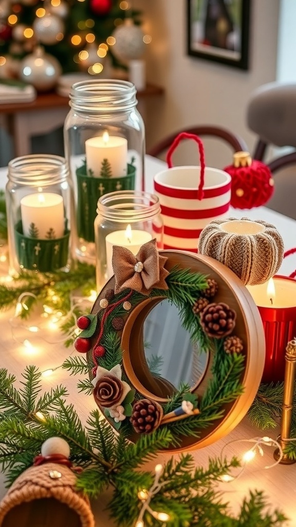 Upcycled Christmas decorations including candle holders, ornaments, and a wreath on a festive table.